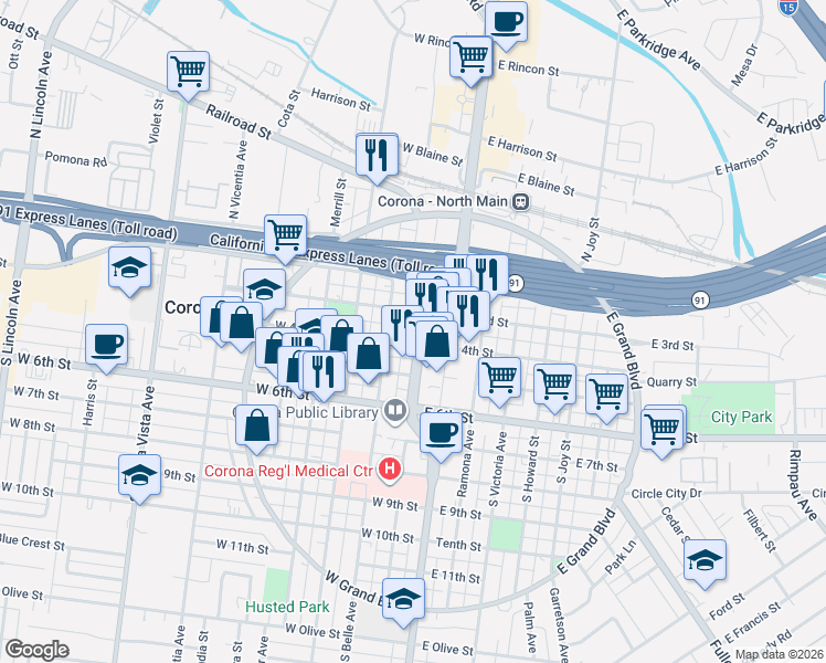 map of restaurants, bars, coffee shops, grocery stores, and more near in Corona