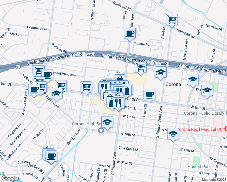 map of restaurants, bars, coffee shops, grocery stores, and more near 1141 West 6th Street in Corona