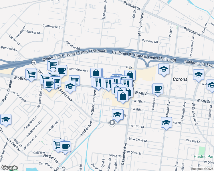 map of restaurants, bars, coffee shops, grocery stores, and more near 1215 West 6th Street in Corona