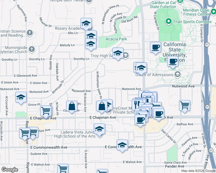 map of restaurants, bars, coffee shops, grocery stores, and more near 2018 Nutwood Avenue in Fullerton