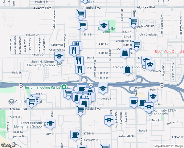 map of restaurants, bars, coffee shops, grocery stores, and more near 11869 169th Street in Artesia