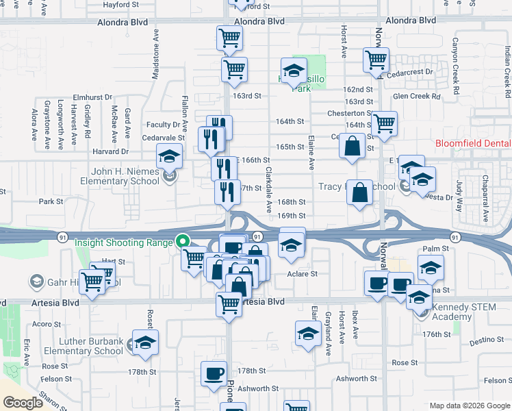 map of restaurants, bars, coffee shops, grocery stores, and more near 11869 169th Street in Artesia