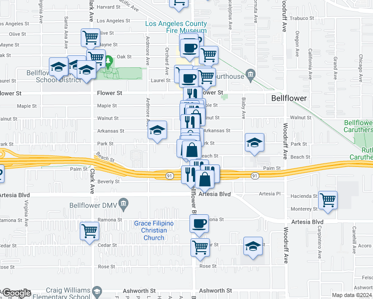 map of restaurants, bars, coffee shops, grocery stores, and more near 9730 Park Street in Bellflower