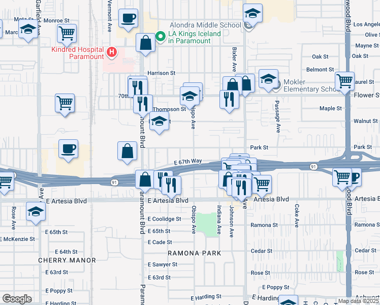map of restaurants, bars, coffee shops, grocery stores, and more near 6750 North Hammond Avenue in Long Beach