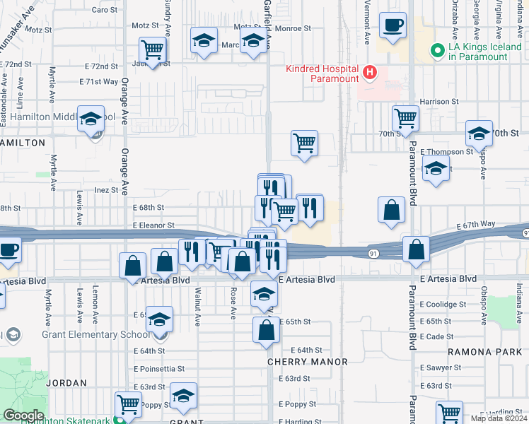 map of restaurants, bars, coffee shops, grocery stores, and more near 6760 Cherry Avenue in Long Beach