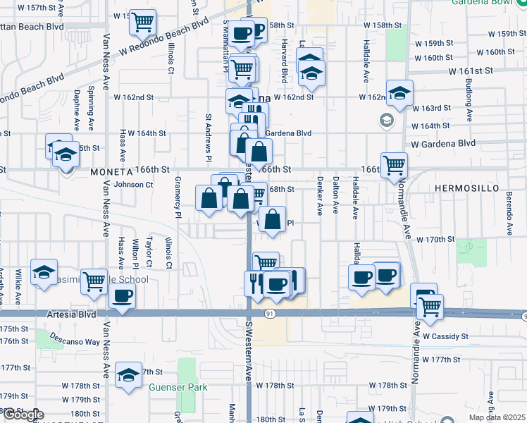 map of restaurants, bars, coffee shops, grocery stores, and more near 16933 South Hobart Boulevard in Gardena