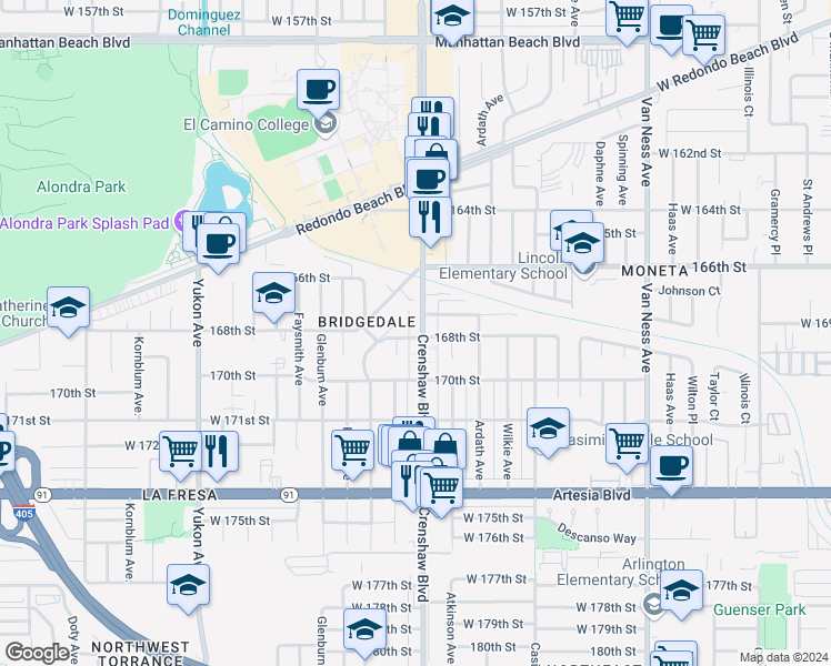 map of restaurants, bars, coffee shops, grocery stores, and more near 16808 Delia Avenue in Torrance