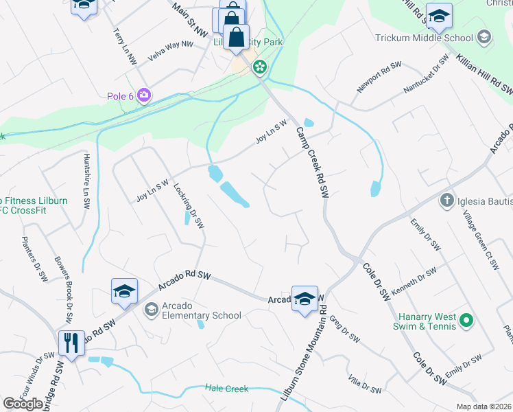 map of restaurants, bars, coffee shops, grocery stores, and more near 5029 Woodfall Drive Southwest in Lilburn