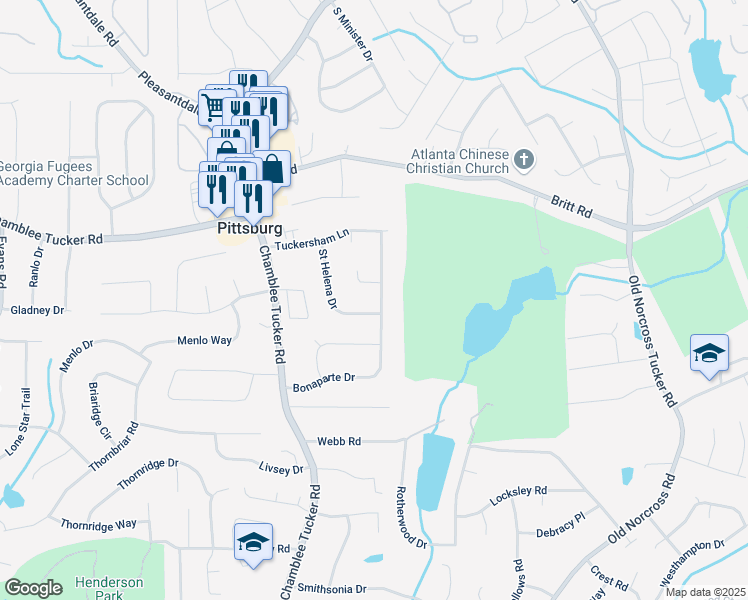 map of restaurants, bars, coffee shops, grocery stores, and more near 4350 Bonaparte Drive in Tucker