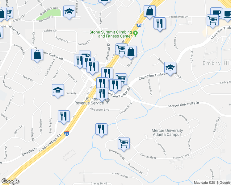 map of restaurants, bars, coffee shops, grocery stores, and more near 2896 Chamblee Tucker Road in Chamblee