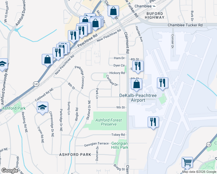 map of restaurants, bars, coffee shops, grocery stores, and more near 3050 Knox Avenue in Atlanta