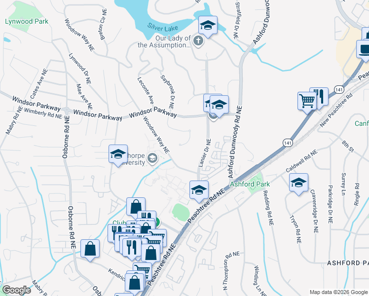 map of restaurants, bars, coffee shops, grocery stores, and more near 3020 Oglethorpe Way Northeast in Atlanta