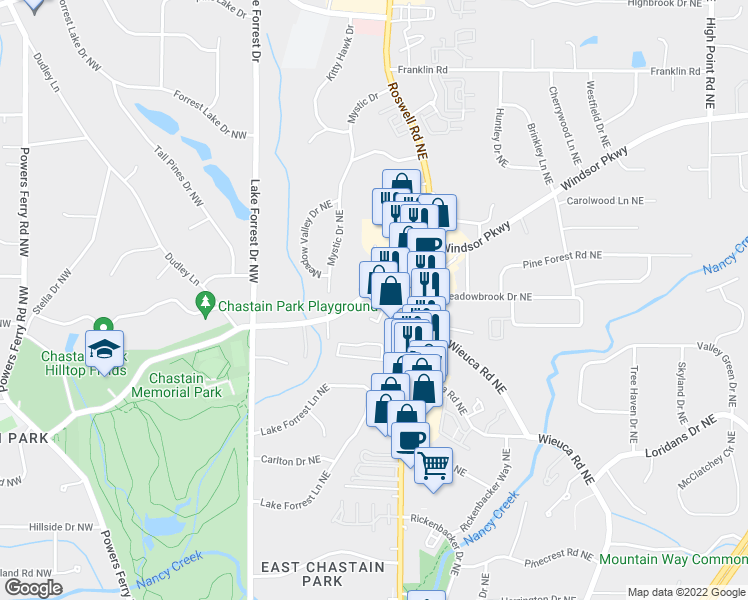 map of restaurants, bars, coffee shops, grocery stores, and more near 135 West Wieuca Road Northeast in Atlanta