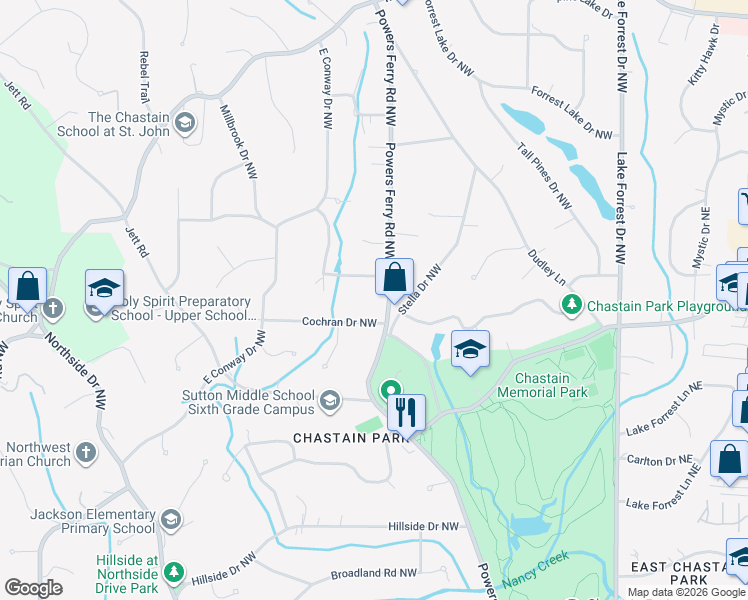 map of restaurants, bars, coffee shops, grocery stores, and more near 4480 Powers Ferry Road Northwest in Atlanta