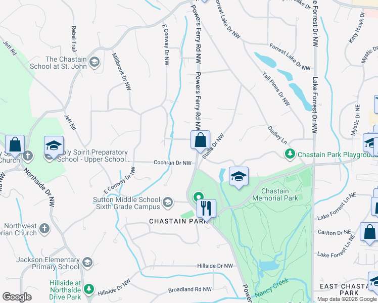 map of restaurants, bars, coffee shops, grocery stores, and more near 4480 Powers Ferry Road Northwest in Atlanta