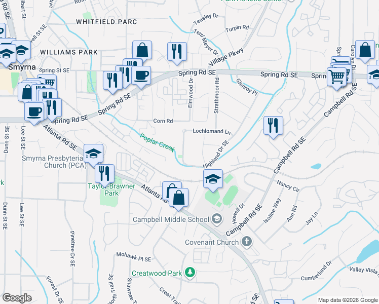 map of restaurants, bars, coffee shops, grocery stores, and more near 3106 Prestwick Place in Smyrna