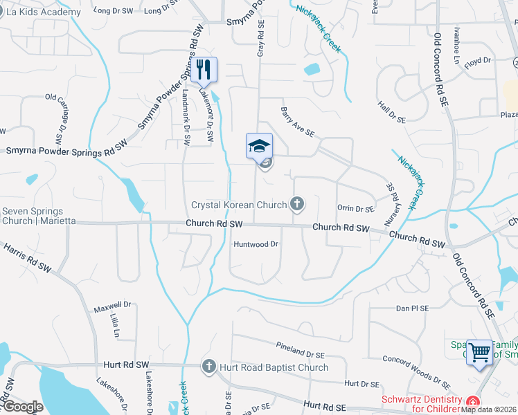 map of restaurants, bars, coffee shops, grocery stores, and more near 3142 Gray Road in Smyrna