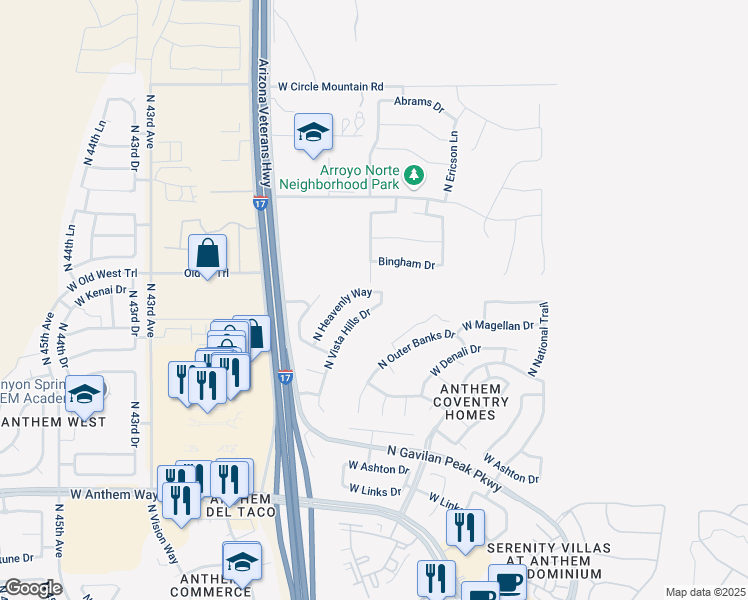 map of restaurants, bars, coffee shops, grocery stores, and more near 43343 North Vista Hills Drive in New River
