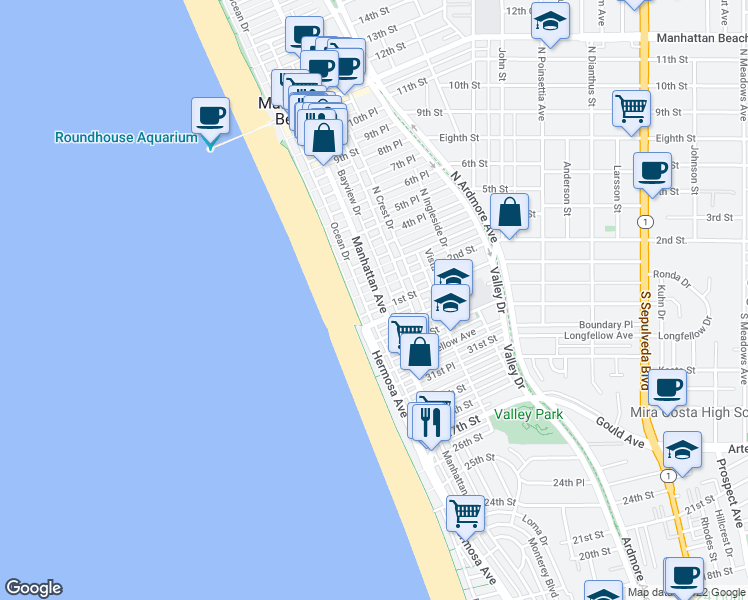 map of restaurants, bars, coffee shops, grocery stores, and more near 129 1st Place in Manhattan Beach
