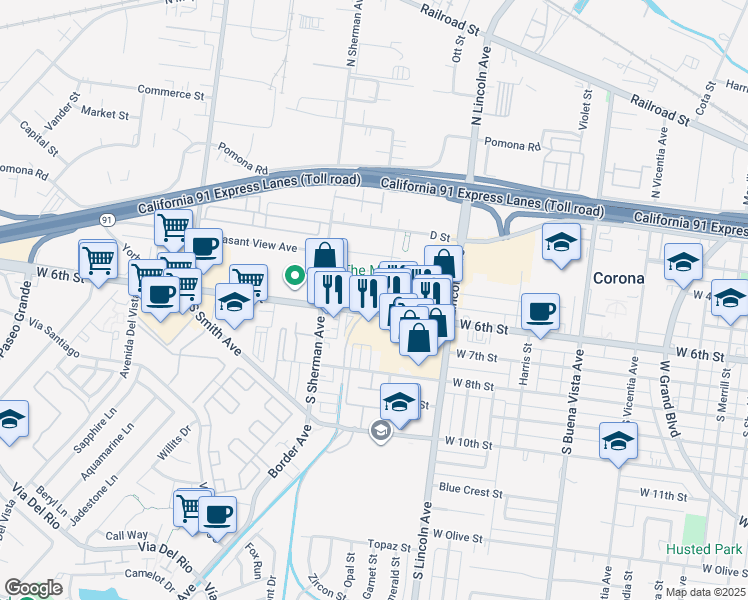 map of restaurants, bars, coffee shops, grocery stores, and more near 1215 West 6th Street in Corona