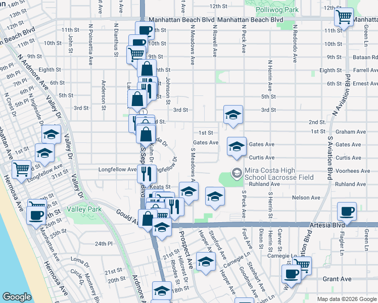map of restaurants, bars, coffee shops, grocery stores, and more near 327 South Meadows Avenue in Manhattan Beach