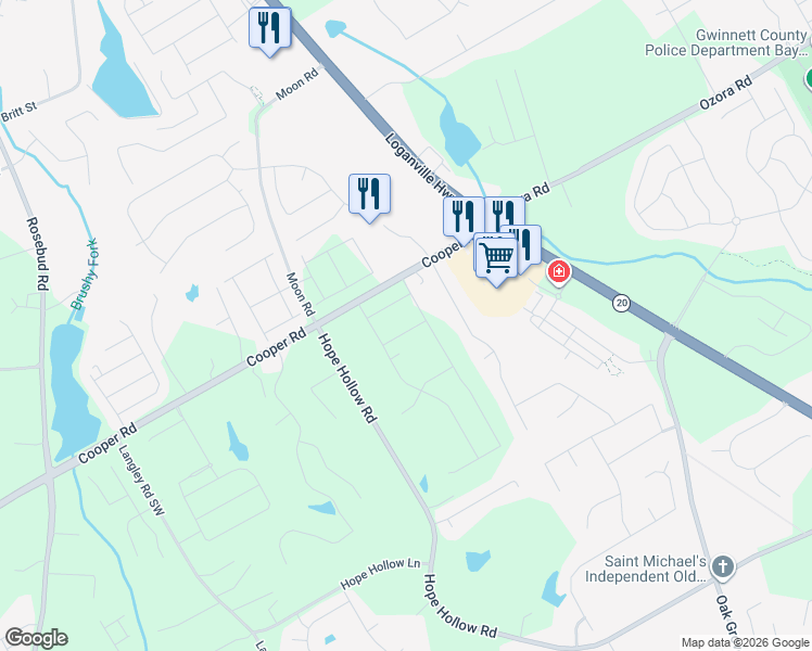 map of restaurants, bars, coffee shops, grocery stores, and more near 324 Cooper Road in Loganville