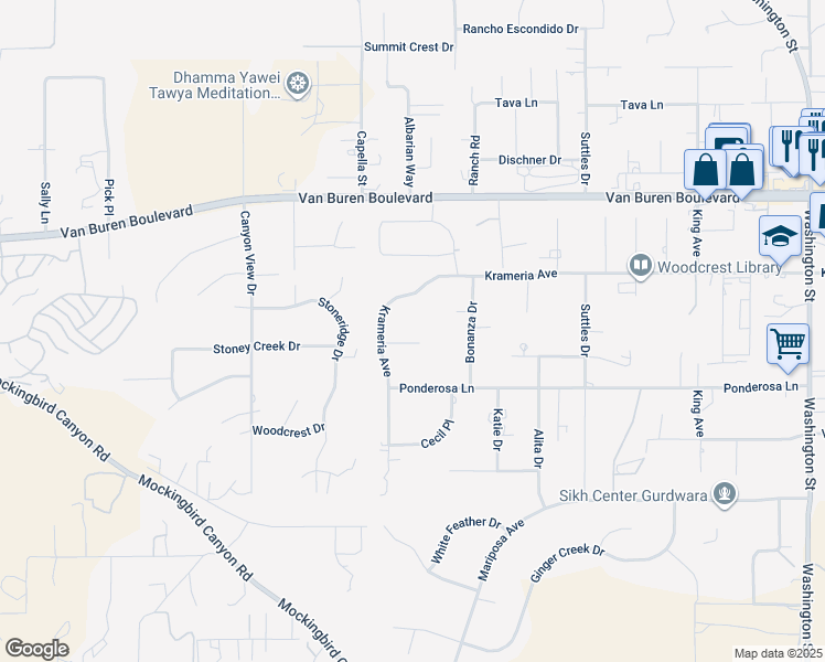 map of restaurants, bars, coffee shops, grocery stores, and more near 16130 Reiner Circle in Riverside
