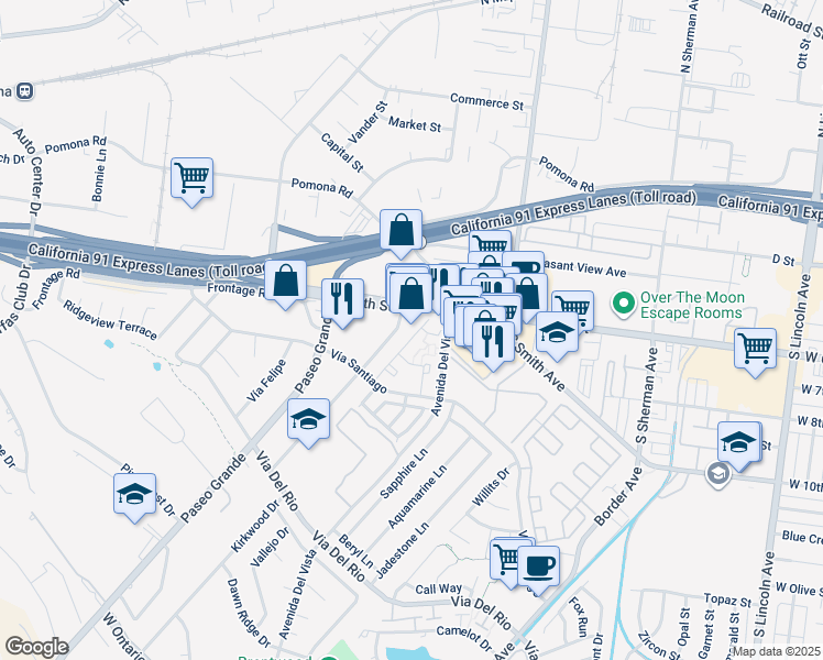 map of restaurants, bars, coffee shops, grocery stores, and more near 1690 West 6th Street in Corona