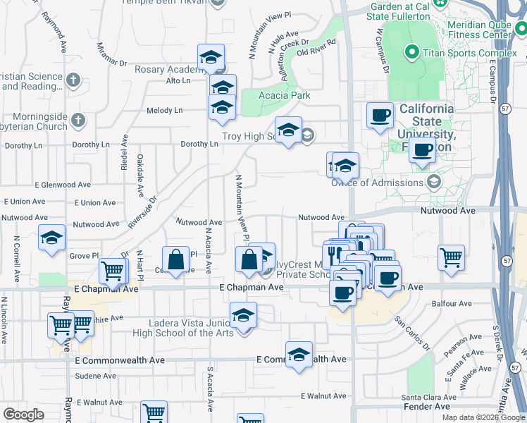 map of restaurants, bars, coffee shops, grocery stores, and more near 2018 Nutwood Avenue in Fullerton