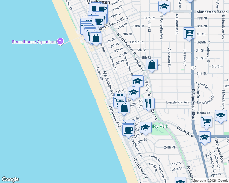 map of restaurants, bars, coffee shops, grocery stores, and more near 105 Bayview Drive in Manhattan Beach