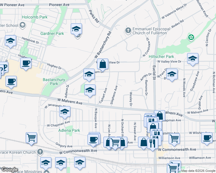 map of restaurants, bars, coffee shops, grocery stores, and more near 782 Carhart Avenue in Fullerton
