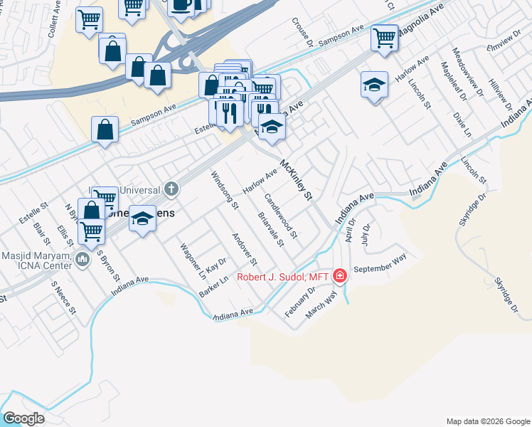 map of restaurants, bars, coffee shops, grocery stores, and more near 3577 Briarvale Street in Corona