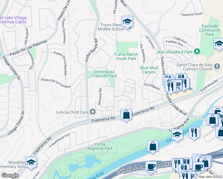 map of restaurants, bars, coffee shops, grocery stores, and more near Vía Canon in Yorba Linda