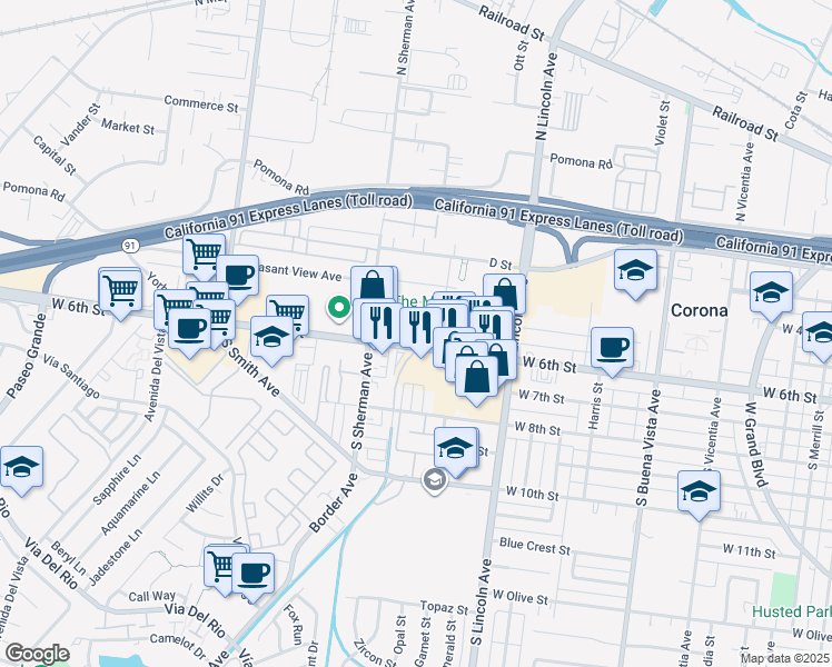 map of restaurants, bars, coffee shops, grocery stores, and more near 1215 West 6th Street in Corona
