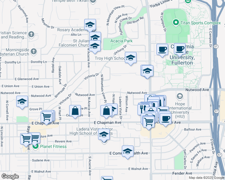 map of restaurants, bars, coffee shops, grocery stores, and more near 2031 Nutwood Avenue in Fullerton