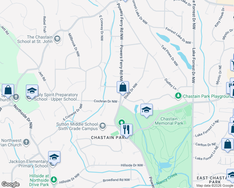 map of restaurants, bars, coffee shops, grocery stores, and more near 4480 Powers Ferry Road Northwest in Atlanta