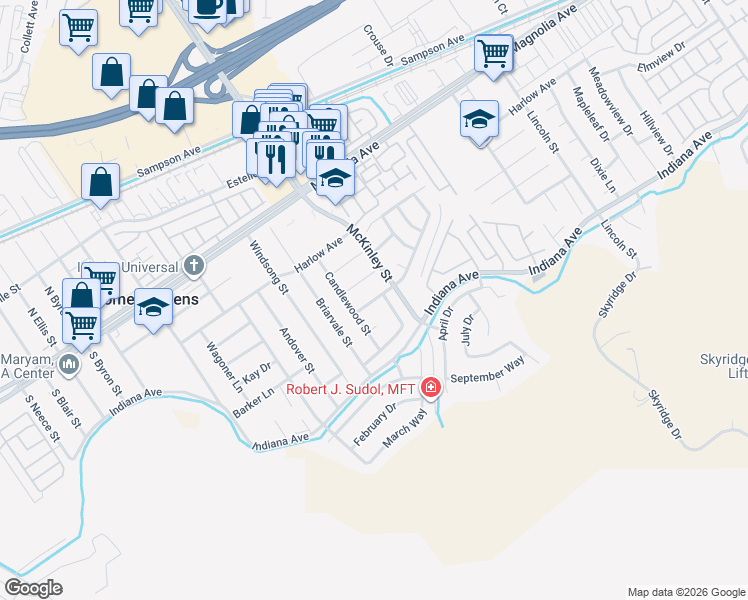 map of restaurants, bars, coffee shops, grocery stores, and more near 13129 Cliffshire Avenue in Corona