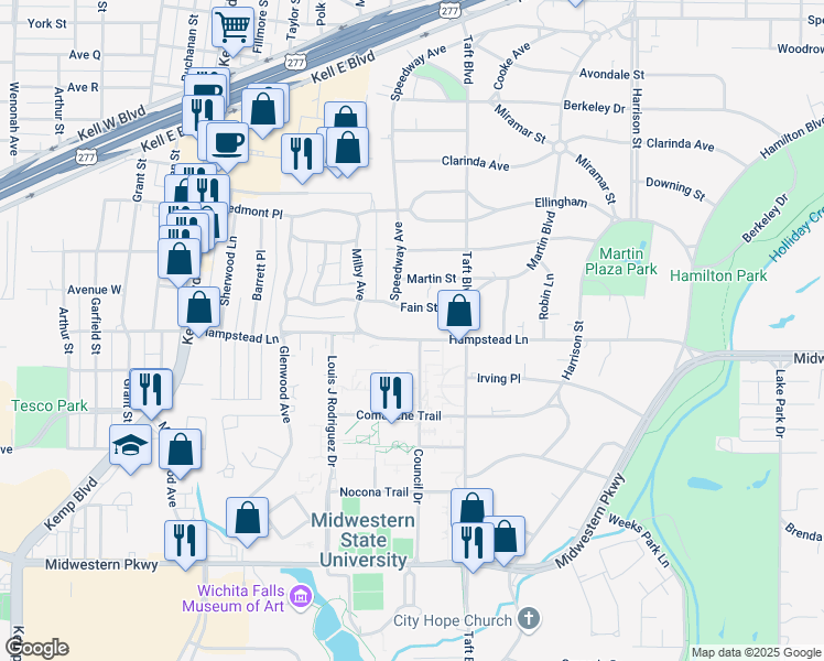 map of restaurants, bars, coffee shops, grocery stores, and more near 2410 Hampstead Lane in Wichita Falls