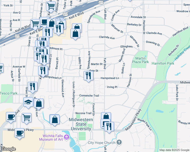 map of restaurants, bars, coffee shops, grocery stores, and more near 2410 Hampstead Lane in Wichita Falls
