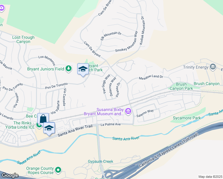 map of restaurants, bars, coffee shops, grocery stores, and more near 5620 Delacroix Way in Yorba Linda