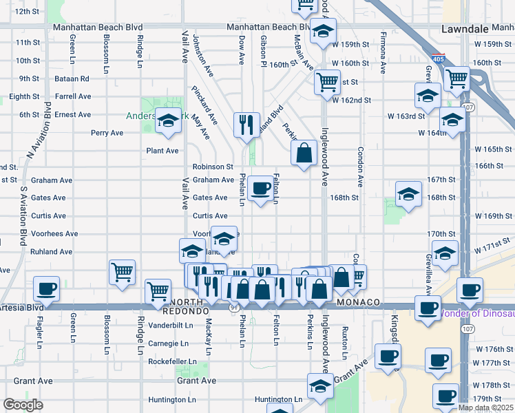 map of restaurants, bars, coffee shops, grocery stores, and more near 2510 Gates Avenue in Redondo Beach