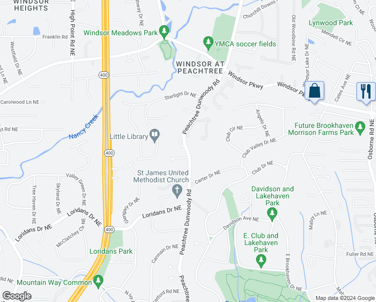 map of restaurants, bars, coffee shops, grocery stores, and more near 4515 Peachtree Dunwoody Road Northeast in Atlanta