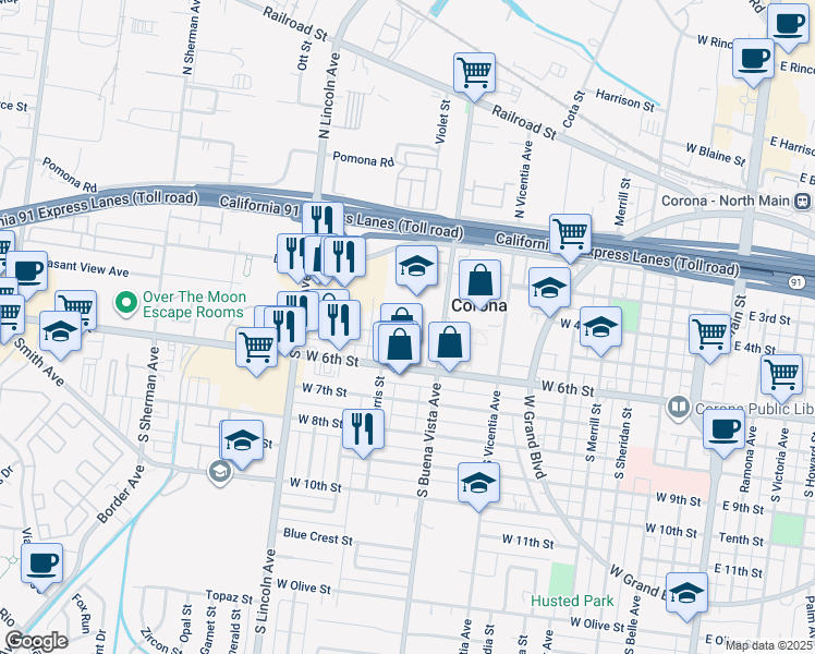 map of restaurants, bars, coffee shops, grocery stores, and more near 935 West 5th Street in Corona