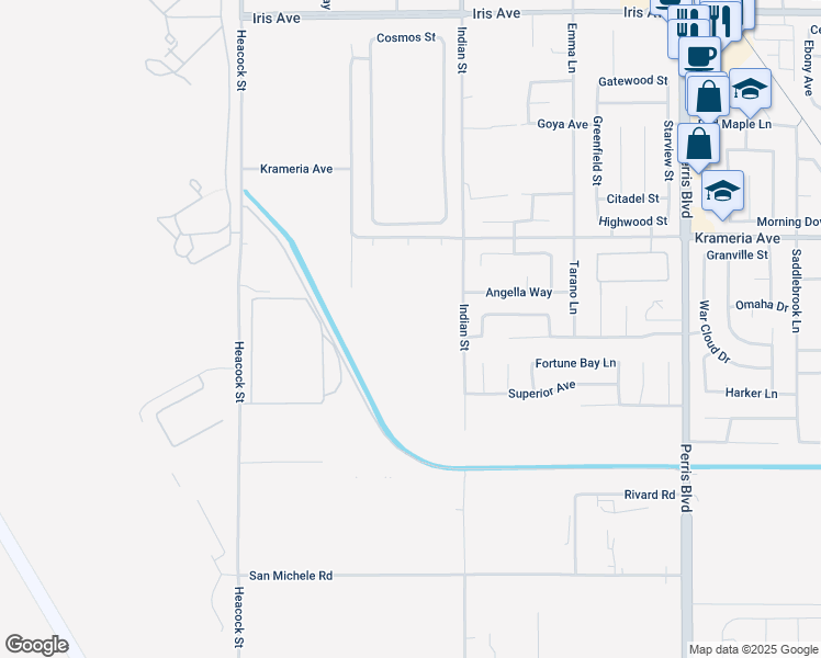 map of restaurants, bars, coffee shops, grocery stores, and more near 24400 Krameria Avenue in Moreno Valley