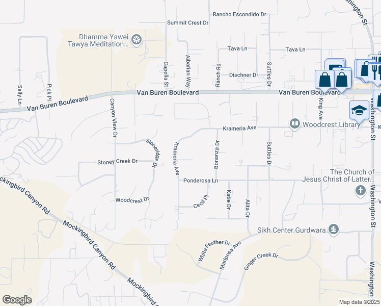 map of restaurants, bars, coffee shops, grocery stores, and more near 16130 Reiner Circle in Riverside