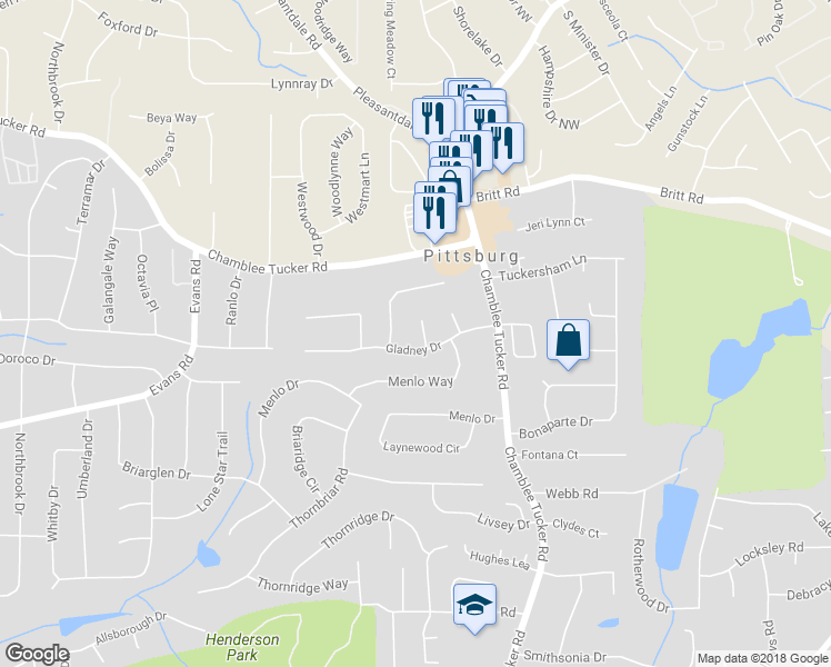 map of restaurants, bars, coffee shops, grocery stores, and more near 3048 Wembley Forest Place in Atlanta