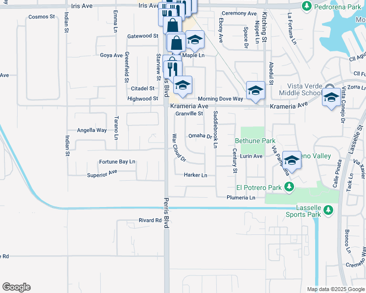 map of restaurants, bars, coffee shops, grocery stores, and more near 16686 War Cloud Drive in Moreno Valley