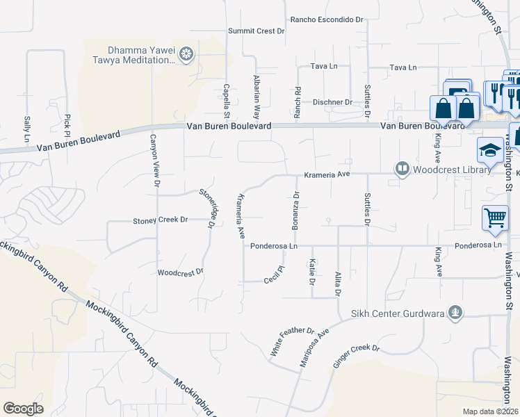 map of restaurants, bars, coffee shops, grocery stores, and more near 16165 Reiner Circle in Riverside