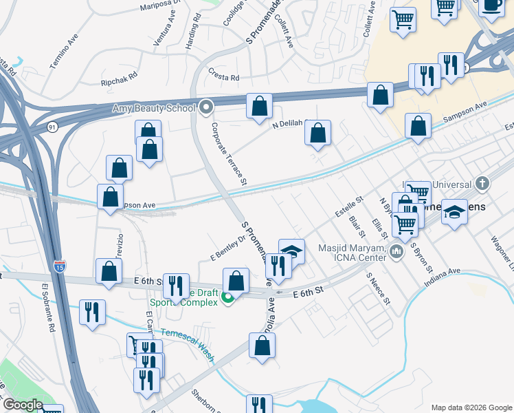 map of restaurants, bars, coffee shops, grocery stores, and more near 515 South Promenade Avenue in Corona