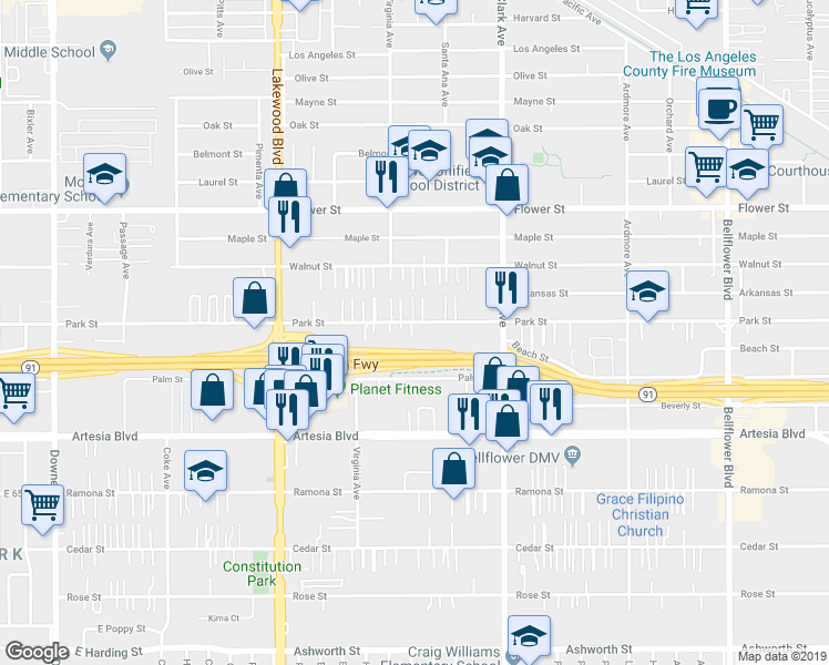 map of restaurants, bars, coffee shops, grocery stores, and more near 9226 Park Street in Bellflower
